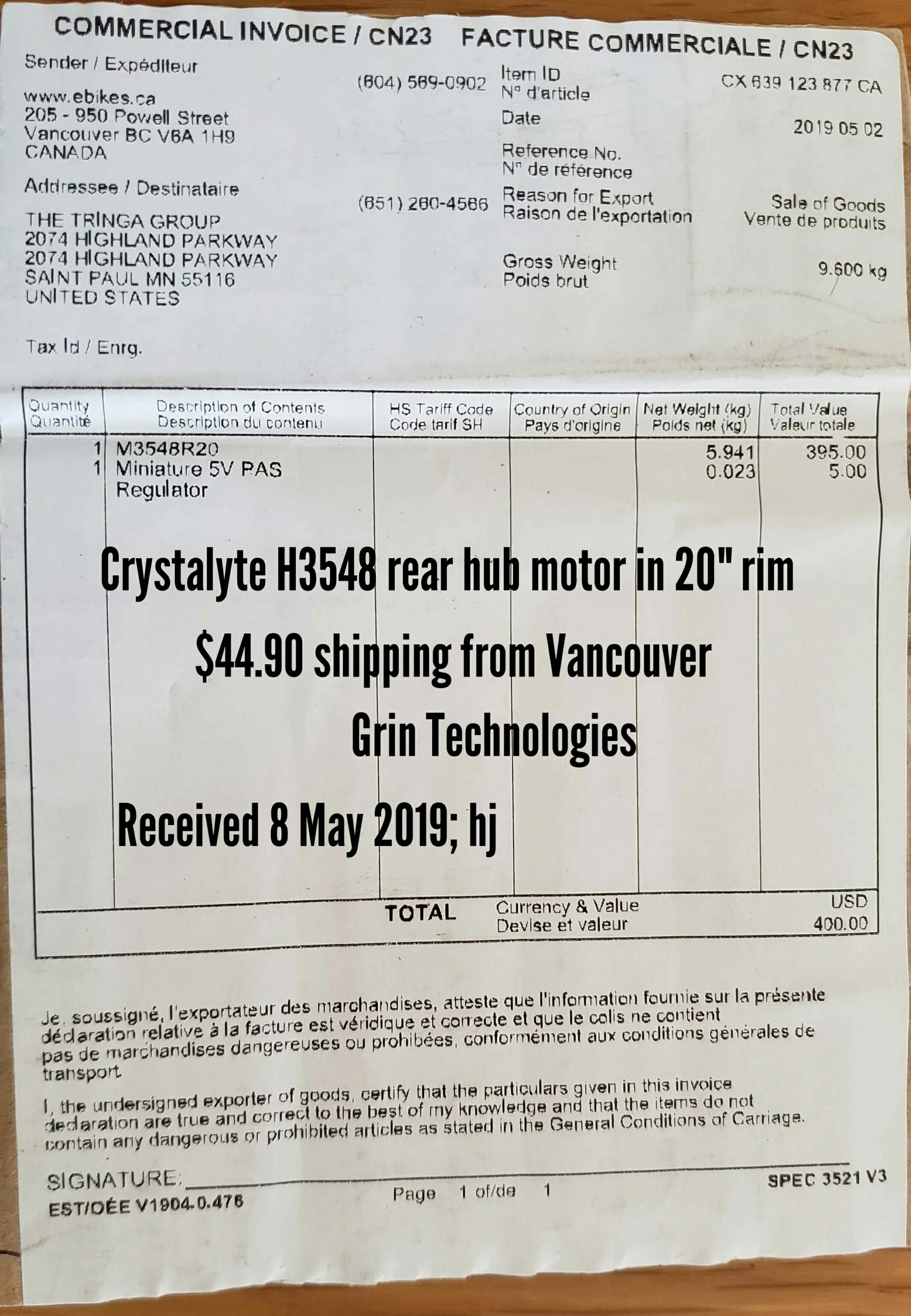 photo of Crystalyte H3548 shipping label